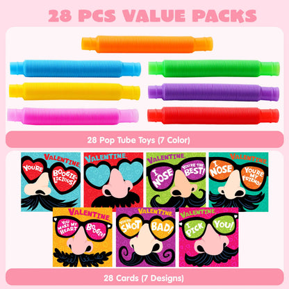 28 Packs Nose Picking Valentine's Day Cards with Pop Tubes for Kids