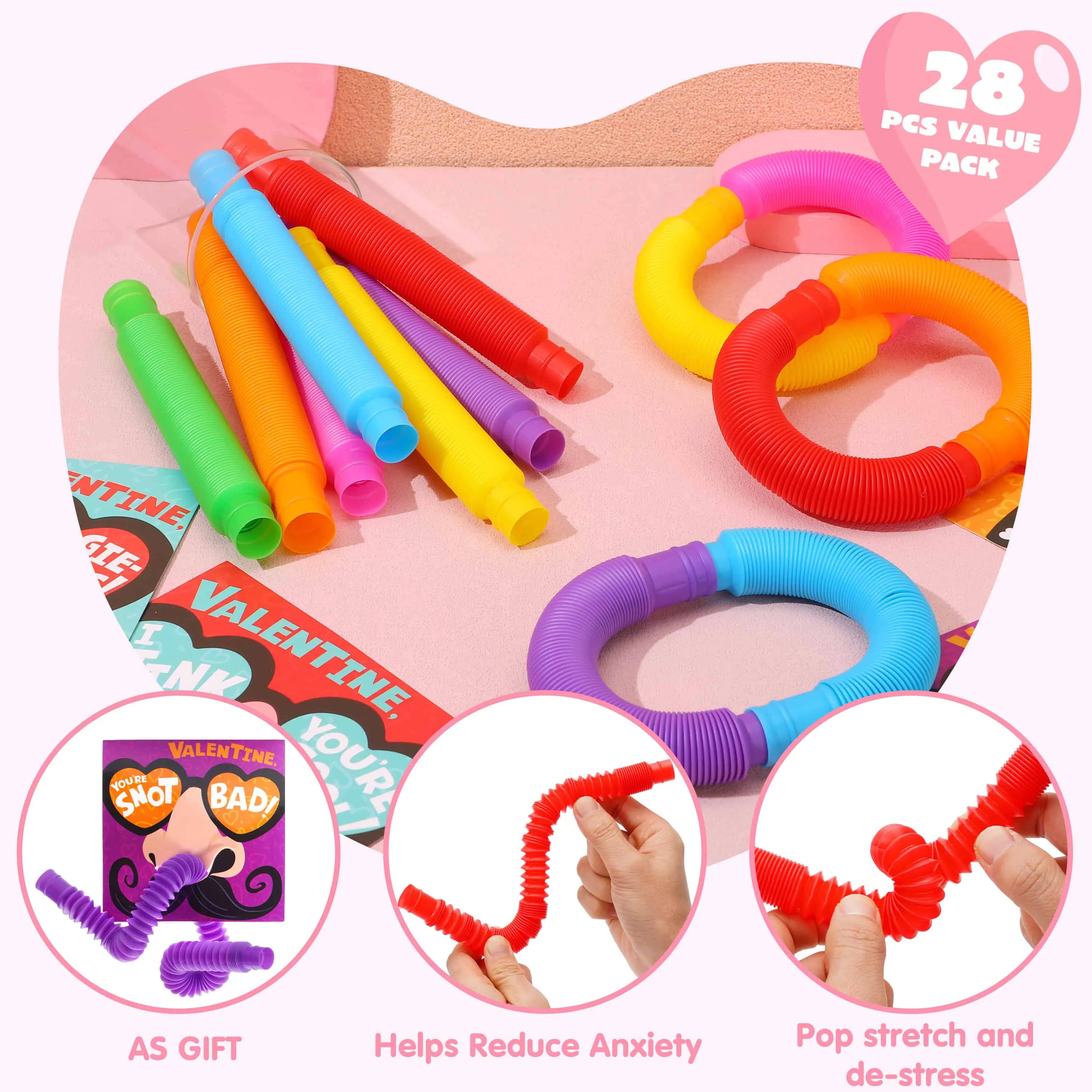 28 Packs Nose Picking Valentine's Day Cards with Pop Tubes for Kids