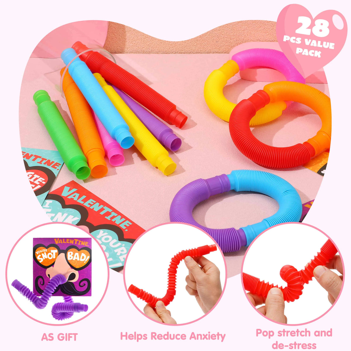 28 Packs Nose Picking Valentine's Day Cards with Pop Tubes for Kids