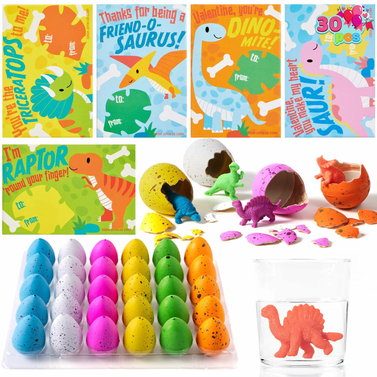 30 Pack Valentine's Day Cards with Hatching Dinosaur Egg Toys and Hangers