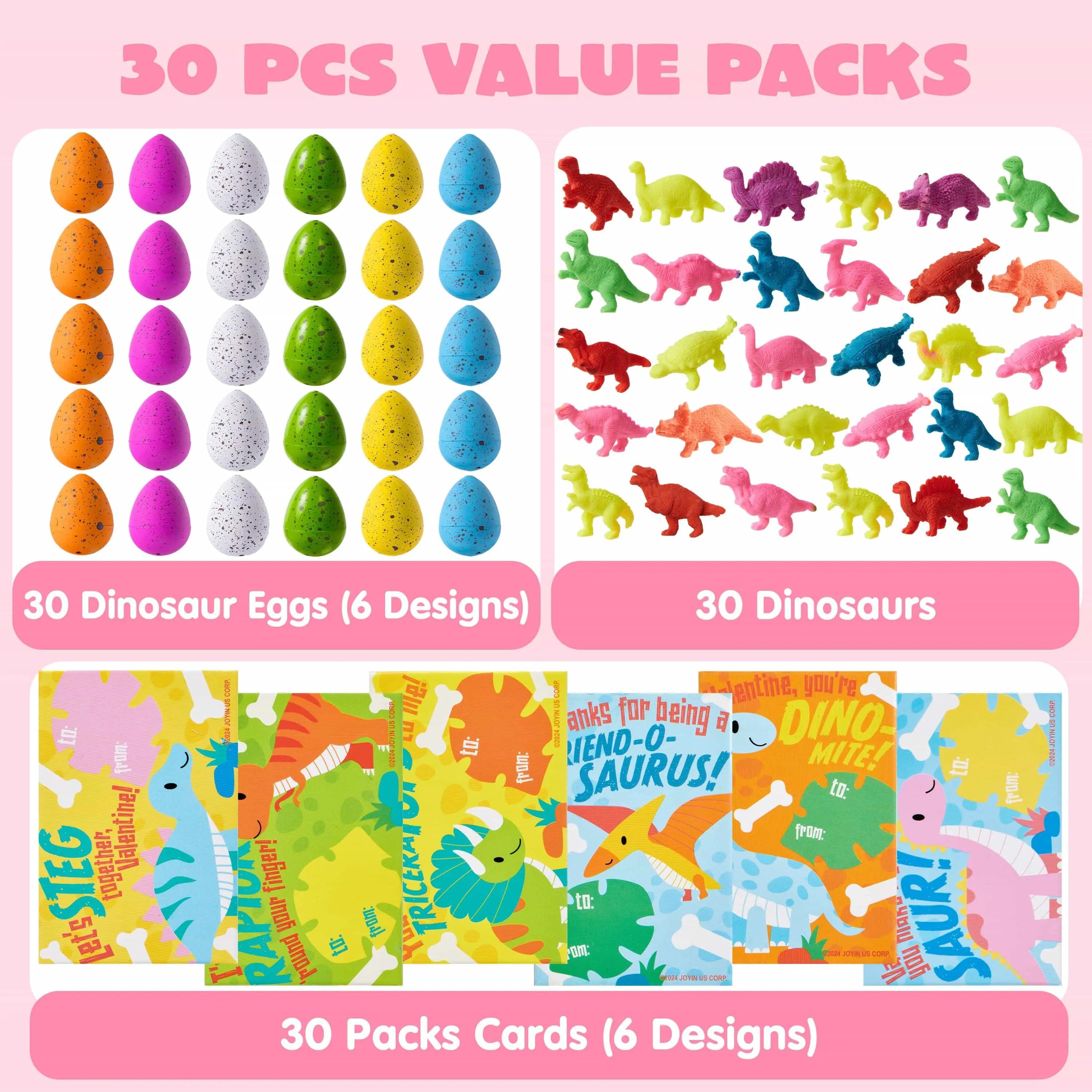 30 Pack Valentine's Day Cards with Hatching Dinosaur Egg Toys and Hangers