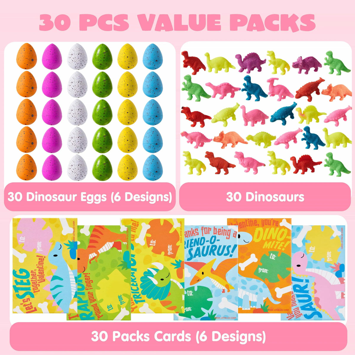 30 Pack Valentine's Day Cards with Hatching Dinosaur Egg Toys and Hangers