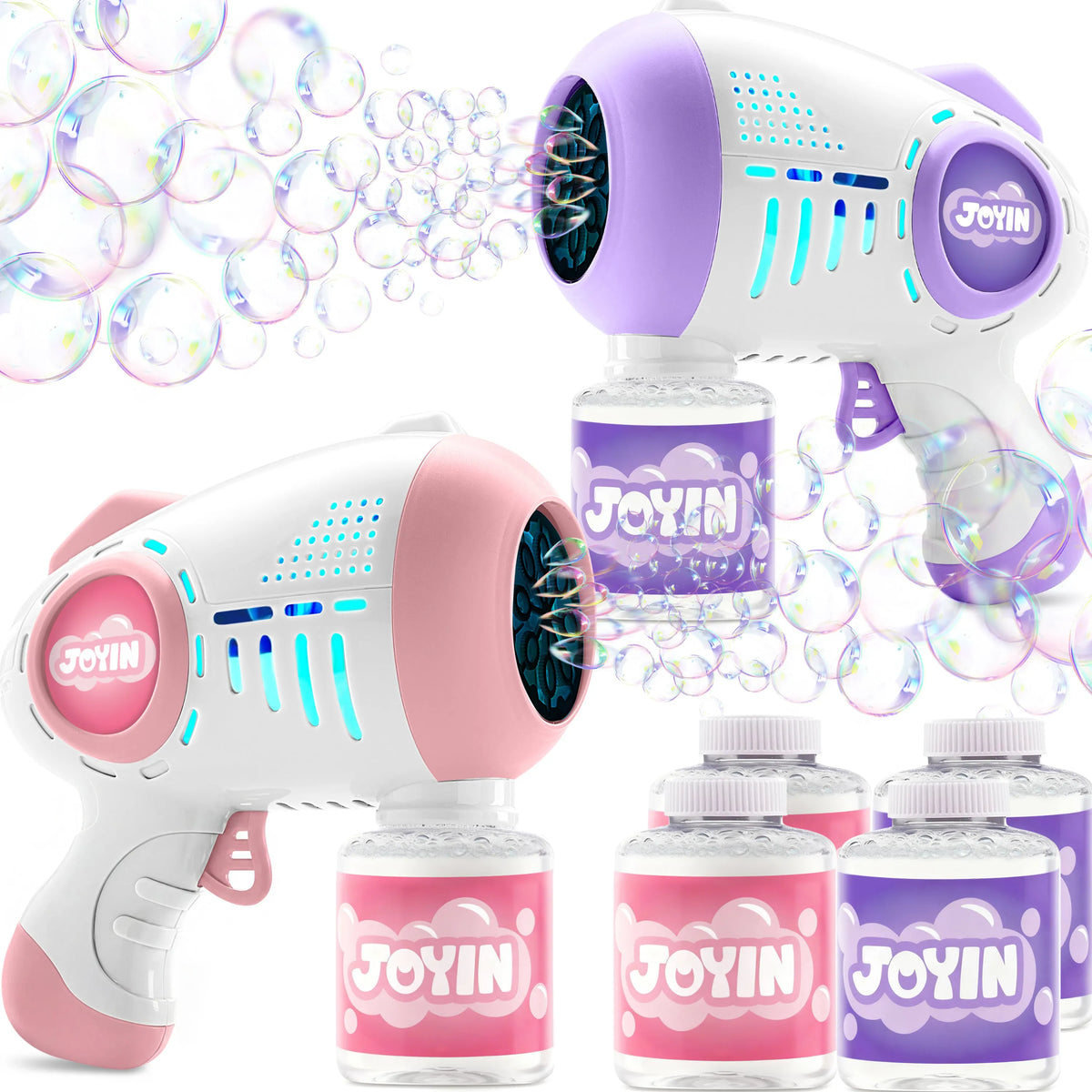 JOYIN 2-Pack Bubble Guns with 4 Bottles of Solution, Automatic Bubble Machine Gun with 8 Holes for Kids and Adults, Summer Toys, Easter Basket Stuffers