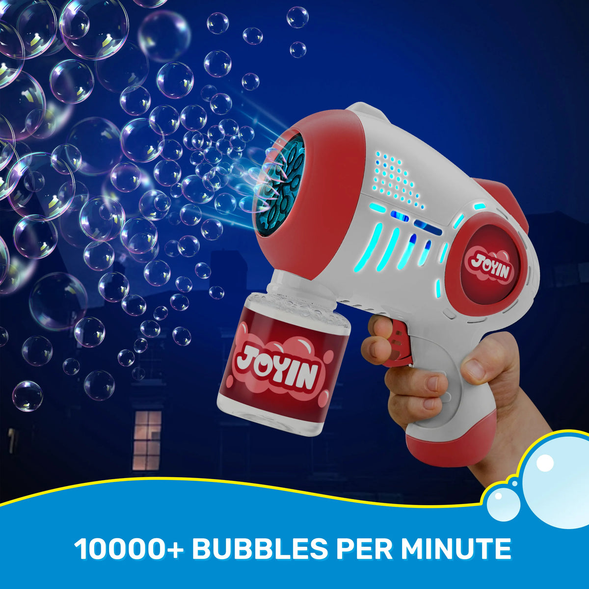 JOYIN 2-Pack Bubble Guns for Kids with 4 Bottles of Solution, Automatic Bubble Machine Gun with 8 Holes, Blue and Red