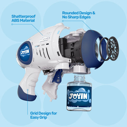 JOYIN 2-Pack Bubble Guns for Kids with 4 Bottles of Solution, Automatic Bubble Machine Gun with 8 Holes, Blue and Red