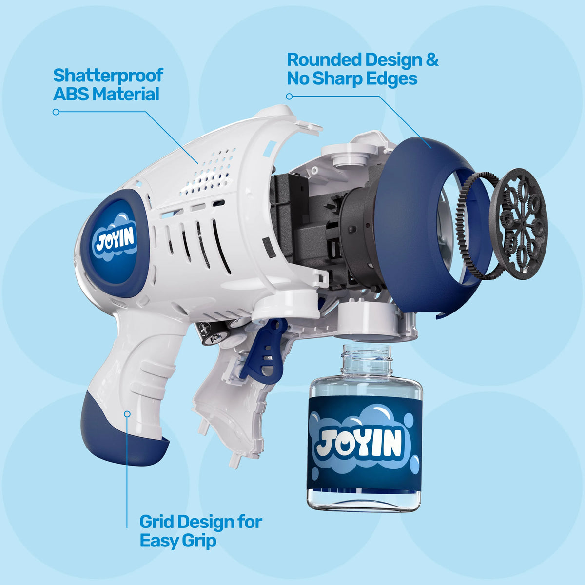 JOYIN 2-Pack Bubble Guns for Kids with 4 Bottles of Solution, Automatic Bubble Machine Gun with 8 Holes, Blue and Red