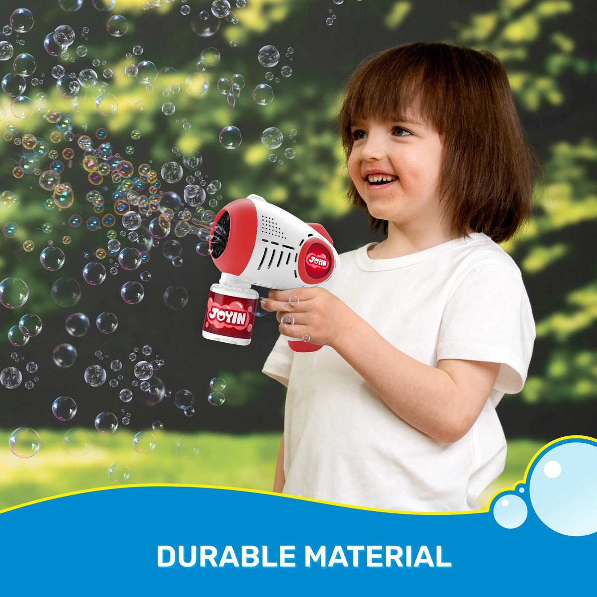 JOYIN 2-Pack Bubble Guns for Kids with 4 Bottles of Solution, Automatic Bubble Machine Gun with 8 Holes, Blue and Red