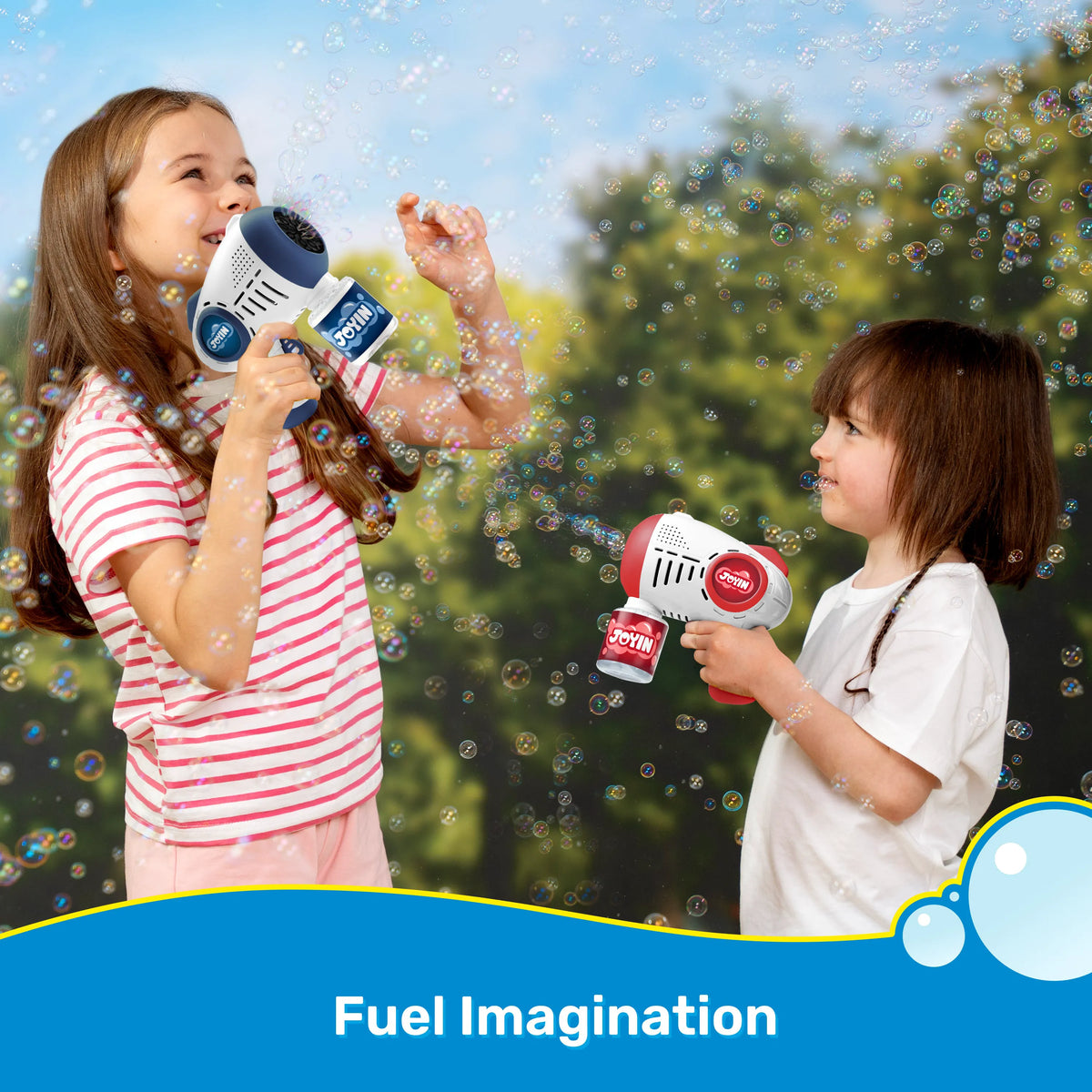 JOYIN 2-Pack Bubble Guns for Kids with 4 Bottles of Solution, Automatic Bubble Machine Gun with 8 Holes, Blue and Red