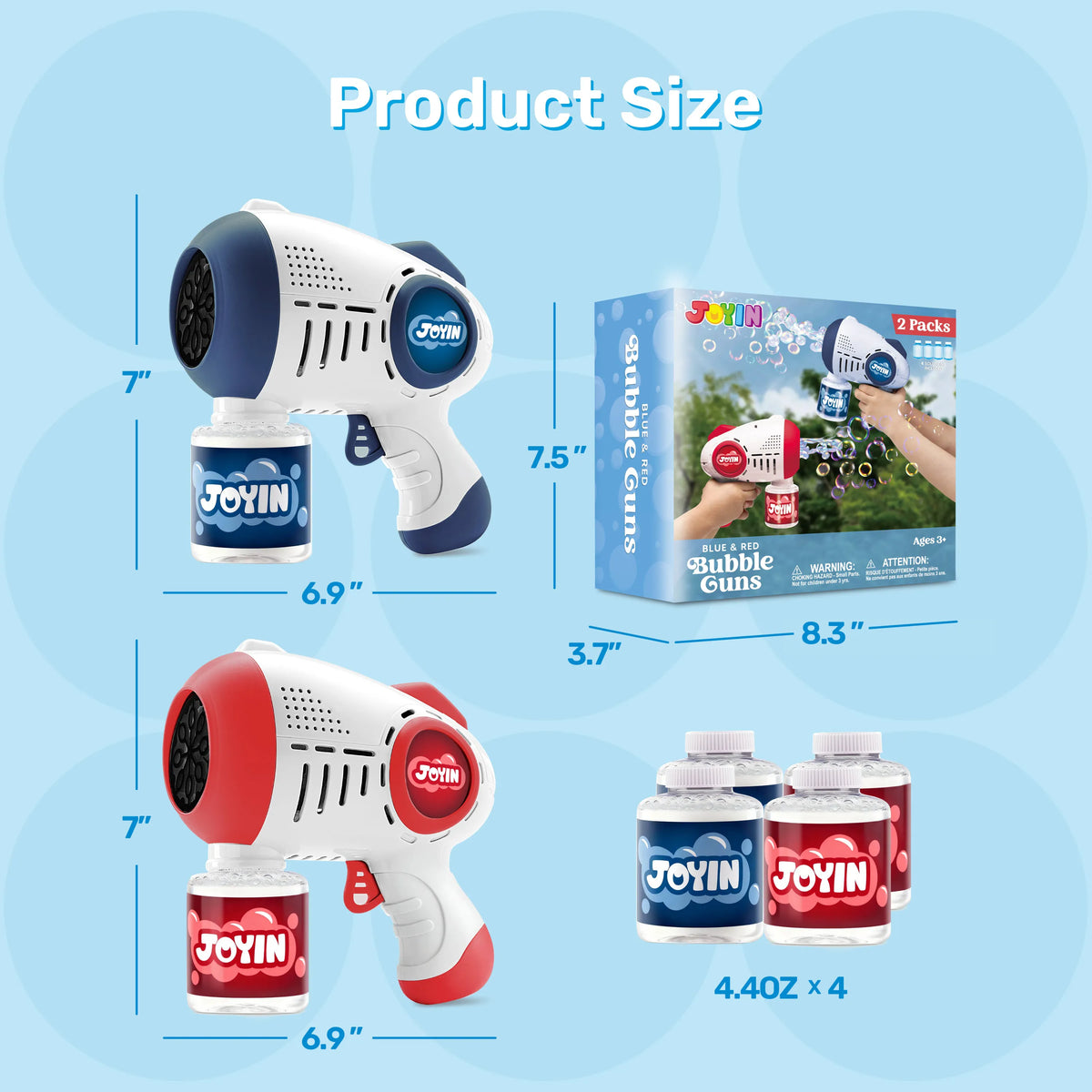 JOYIN 2-Pack Bubble Guns for Kids with 4 Bottles of Solution, Automatic Bubble Machine Gun with 8 Holes, Blue and Red