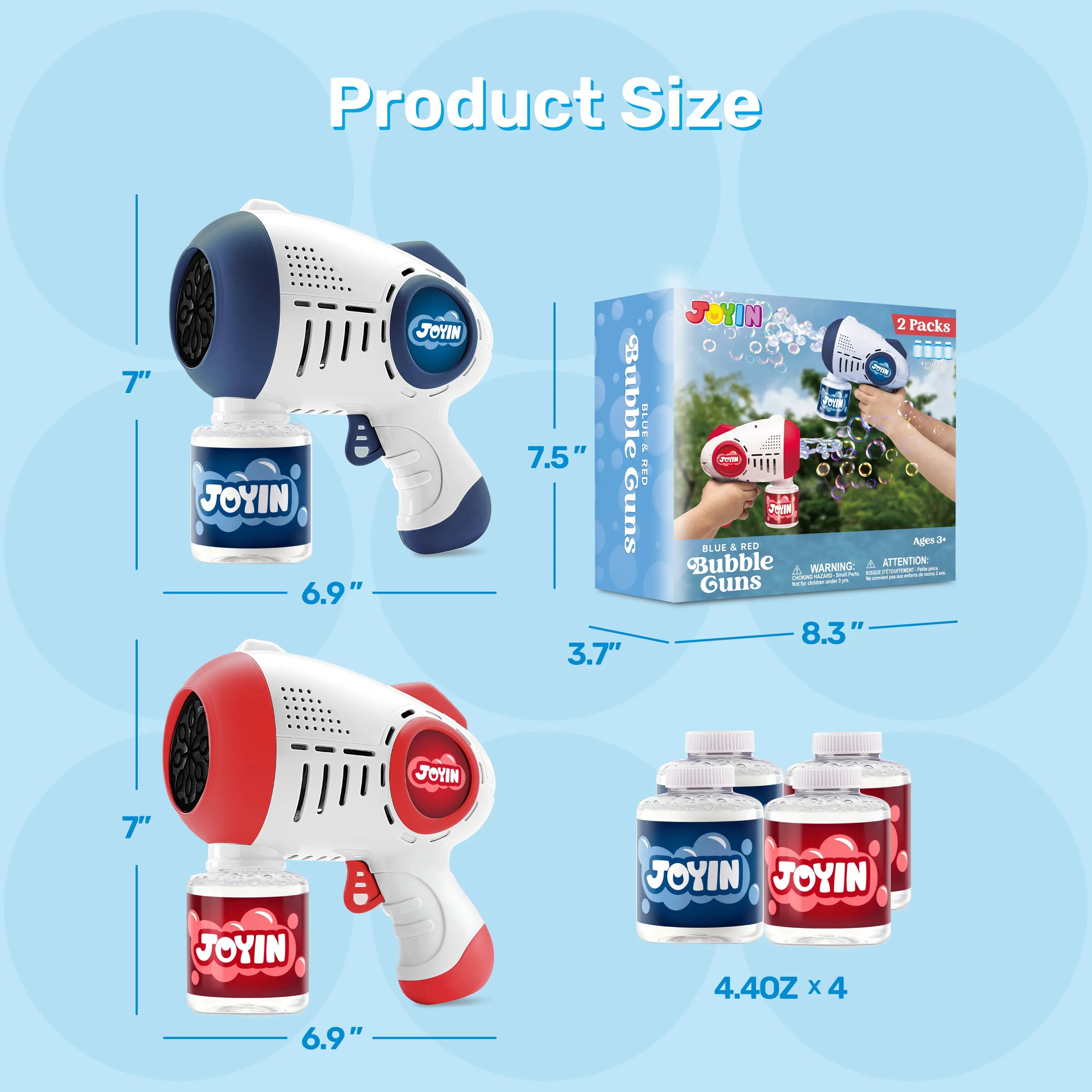 JOYIN 2-Pack Bubble Guns for Kids with 4 Bottles of Solution, Automatic Bubble Machine Gun with 8 Holes, Blue and Red