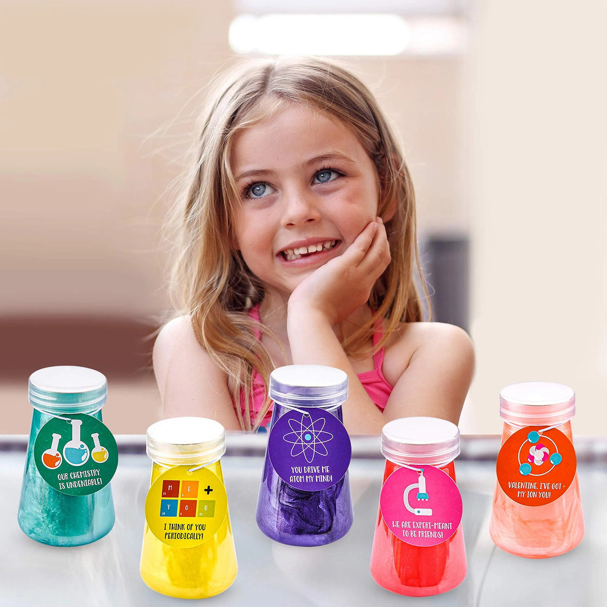 18 Science Slime Beakers with Valentine's Day Cards for Kids Classroom Exchange