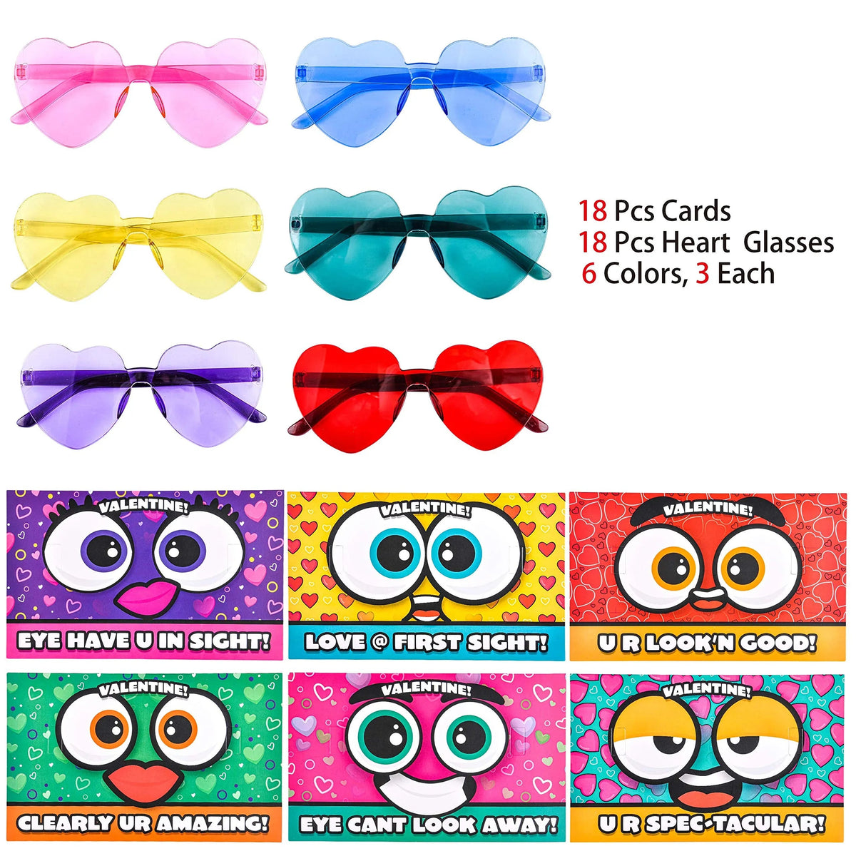 18 Heart-Shaped Glasses Valentine's Day Cards for Kids - Classroom Exchange Gifts