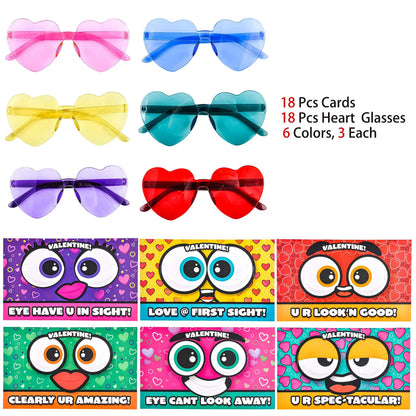 18 Heart-Shaped Glasses Valentine's Day Cards for Kids - Classroom Exchange Gifts