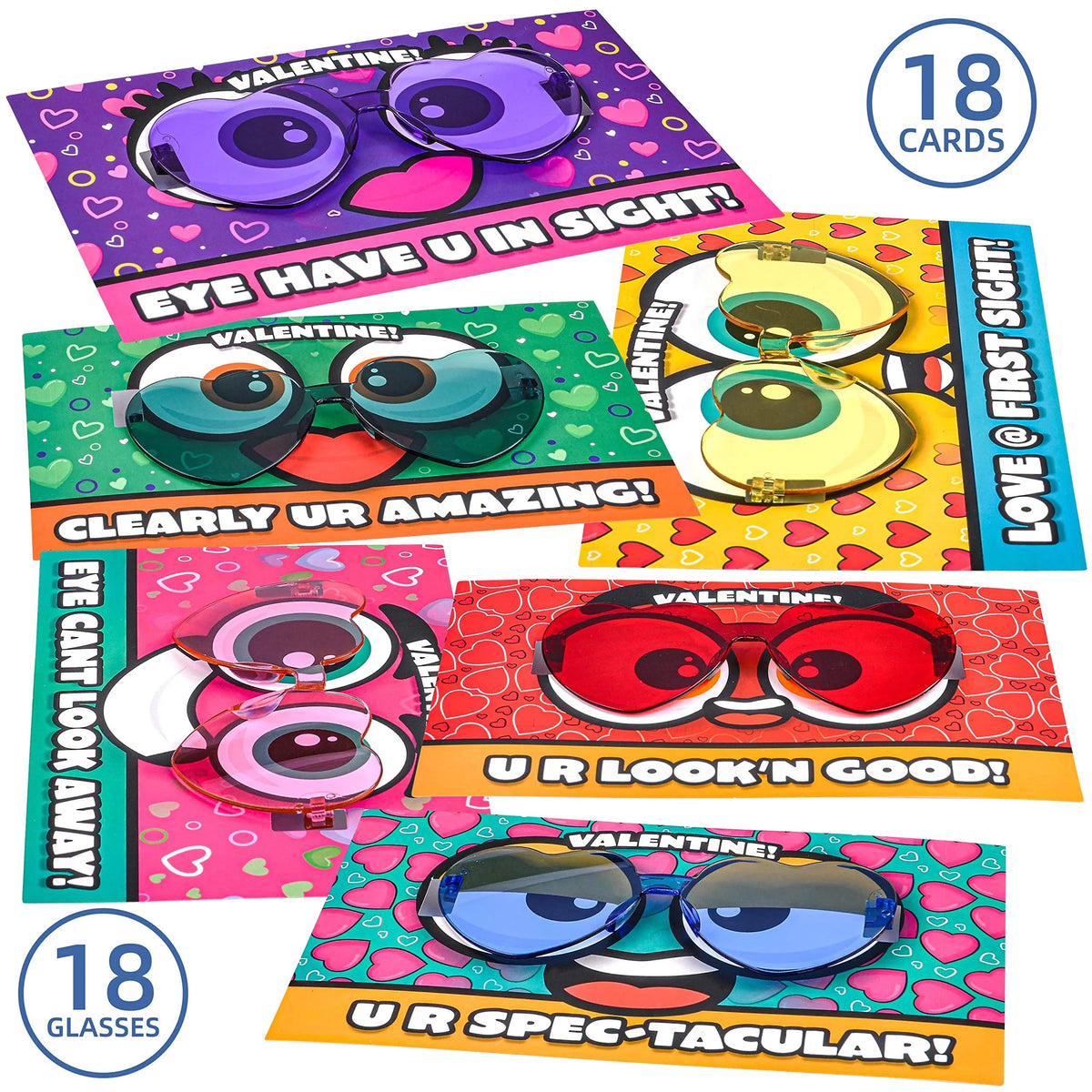 18 Heart-Shaped Glasses Valentine's Day Cards for Kids - Classroom Exchange Gifts