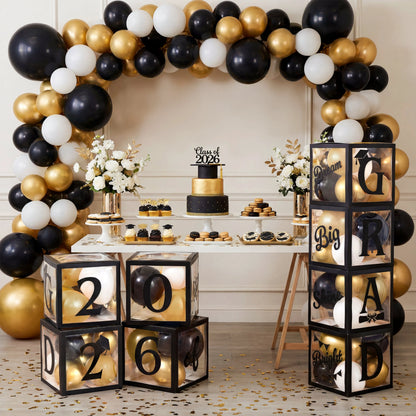 4 Black & Gold 2026 Graduation Balloon Boxes for Party Decor