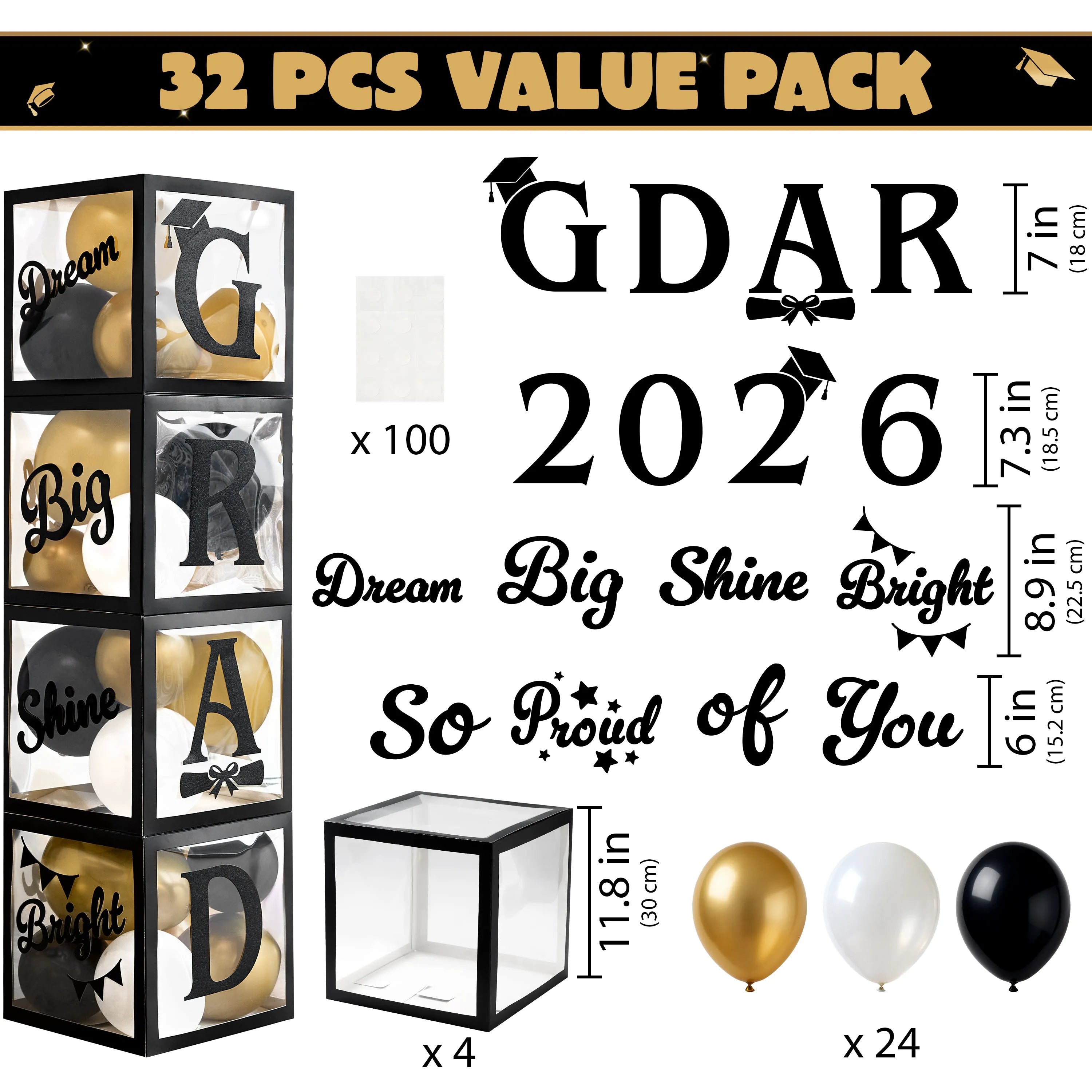 4 Black & Gold 2026 Graduation Balloon Boxes for Party Decor