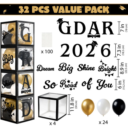 4 Black & Gold 2026 Graduation Balloon Boxes for Party Decor