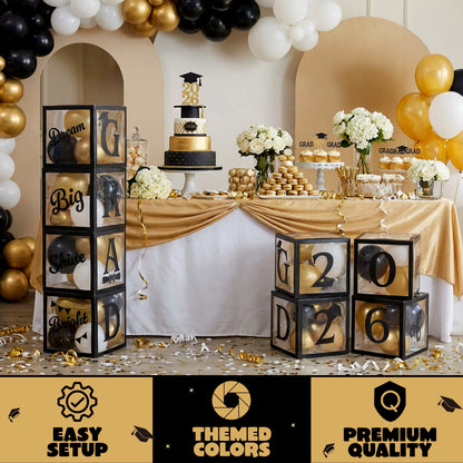 4 Black & Gold 2026 Graduation Balloon Boxes for Party Decor