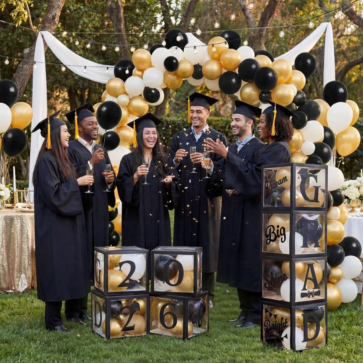 4 Black & Gold 2026 Graduation Balloon Boxes for Party Decor