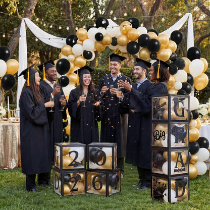 4 Black & Gold 2026 Graduation Balloon Boxes for Party Decor