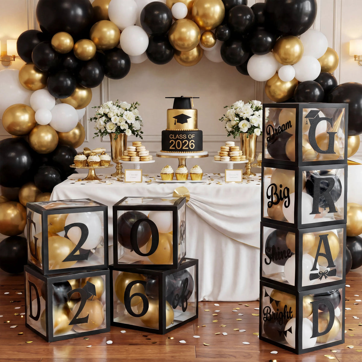 4 Black & Gold 2026 Graduation Balloon Boxes for Party Decor