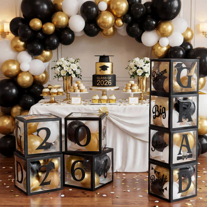 4 Black & Gold 2026 Graduation Balloon Boxes for Party Decor