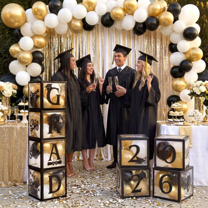 4 Black & Gold 2026 Graduation Balloon Boxes for Party Decor
