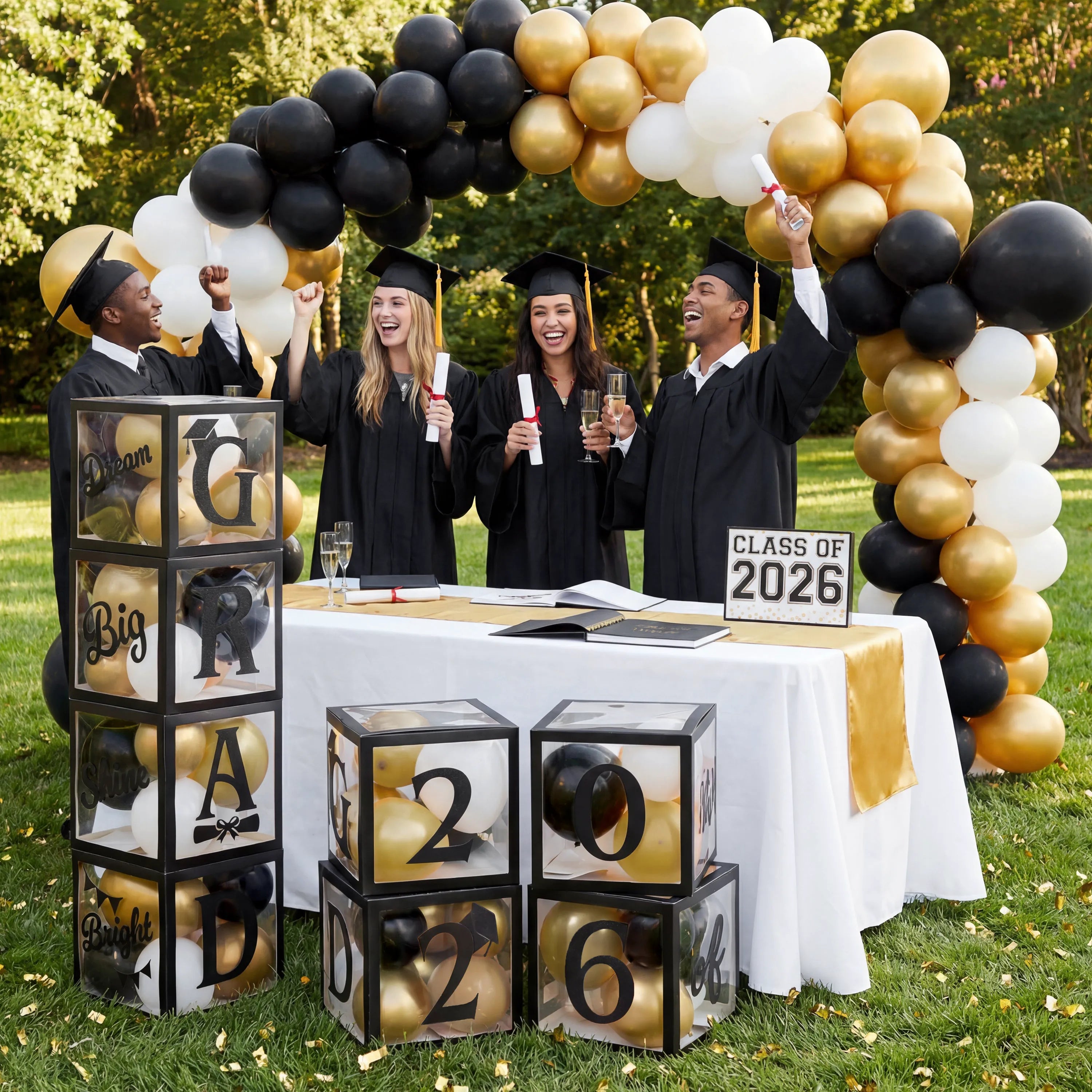 4 Black & Gold 2026 Graduation Balloon Boxes for Party Decor