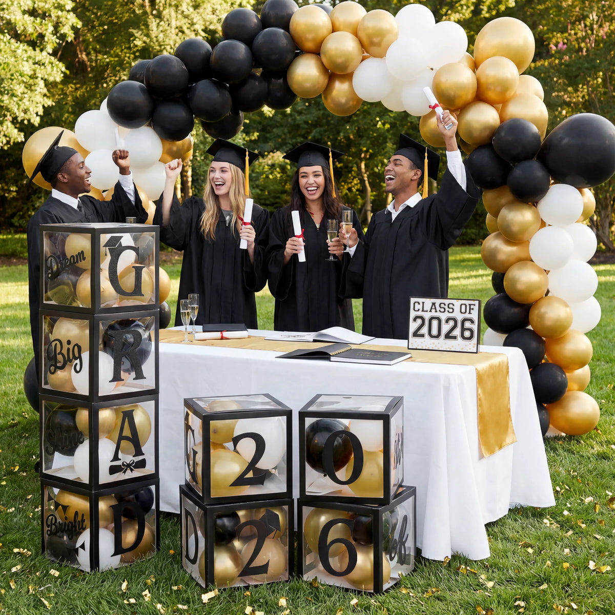 4 Black & Gold 2026 Graduation Balloon Boxes for Party Decor