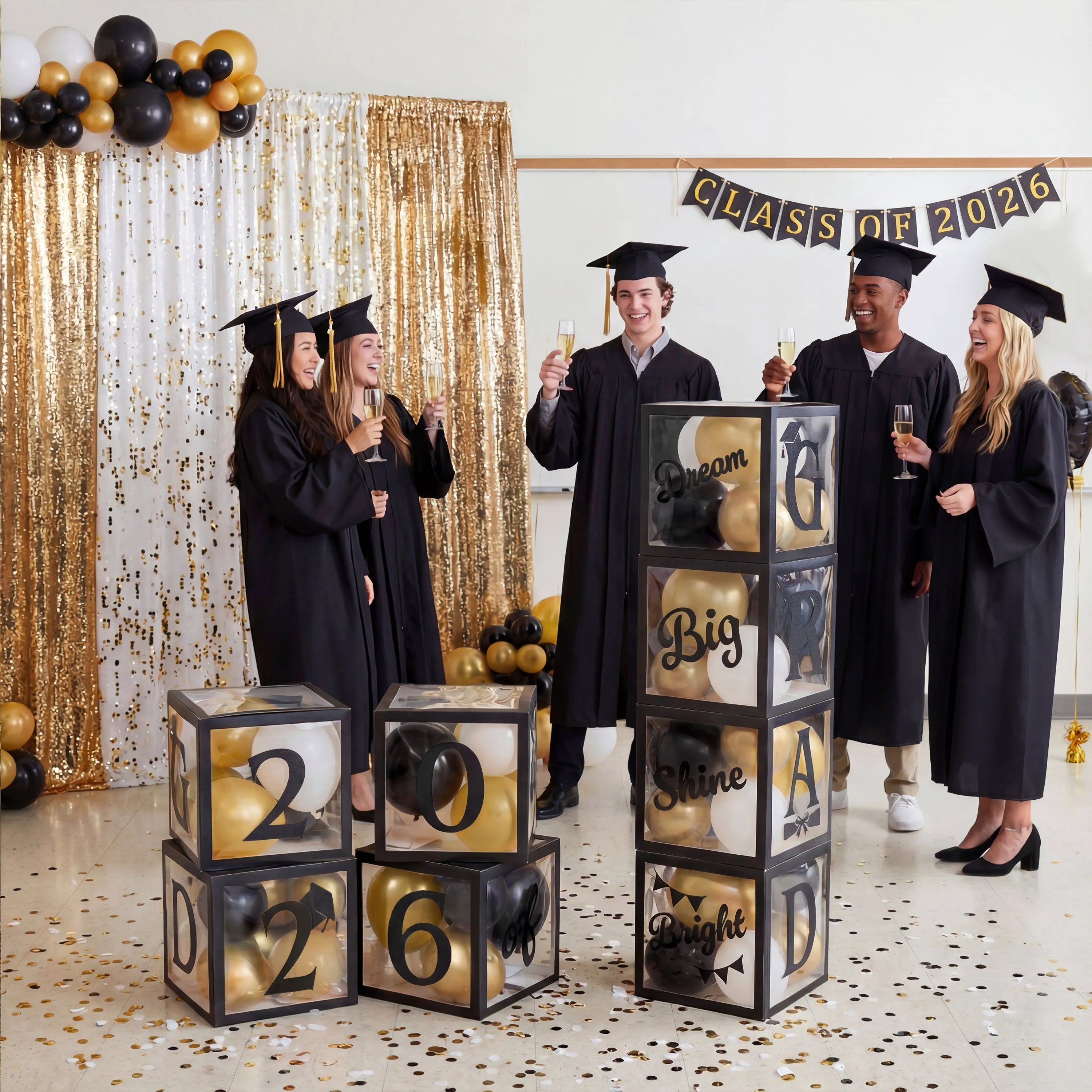 4 Black & Gold 2026 Graduation Balloon Boxes for Party Decor