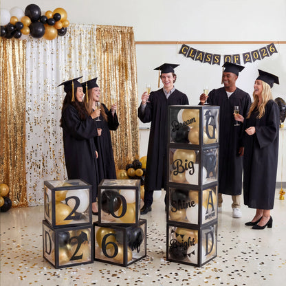 4 Black & Gold 2026 Graduation Balloon Boxes for Party Decor