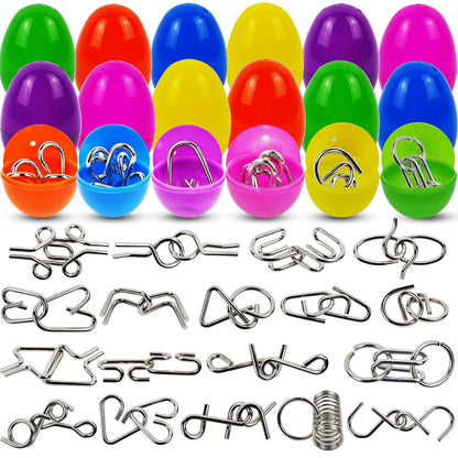 18 Pack Filled Easter Eggs with Metal Brain Teaser Puzzles for Egg Hunt, Party Favors & Classroom Prizes