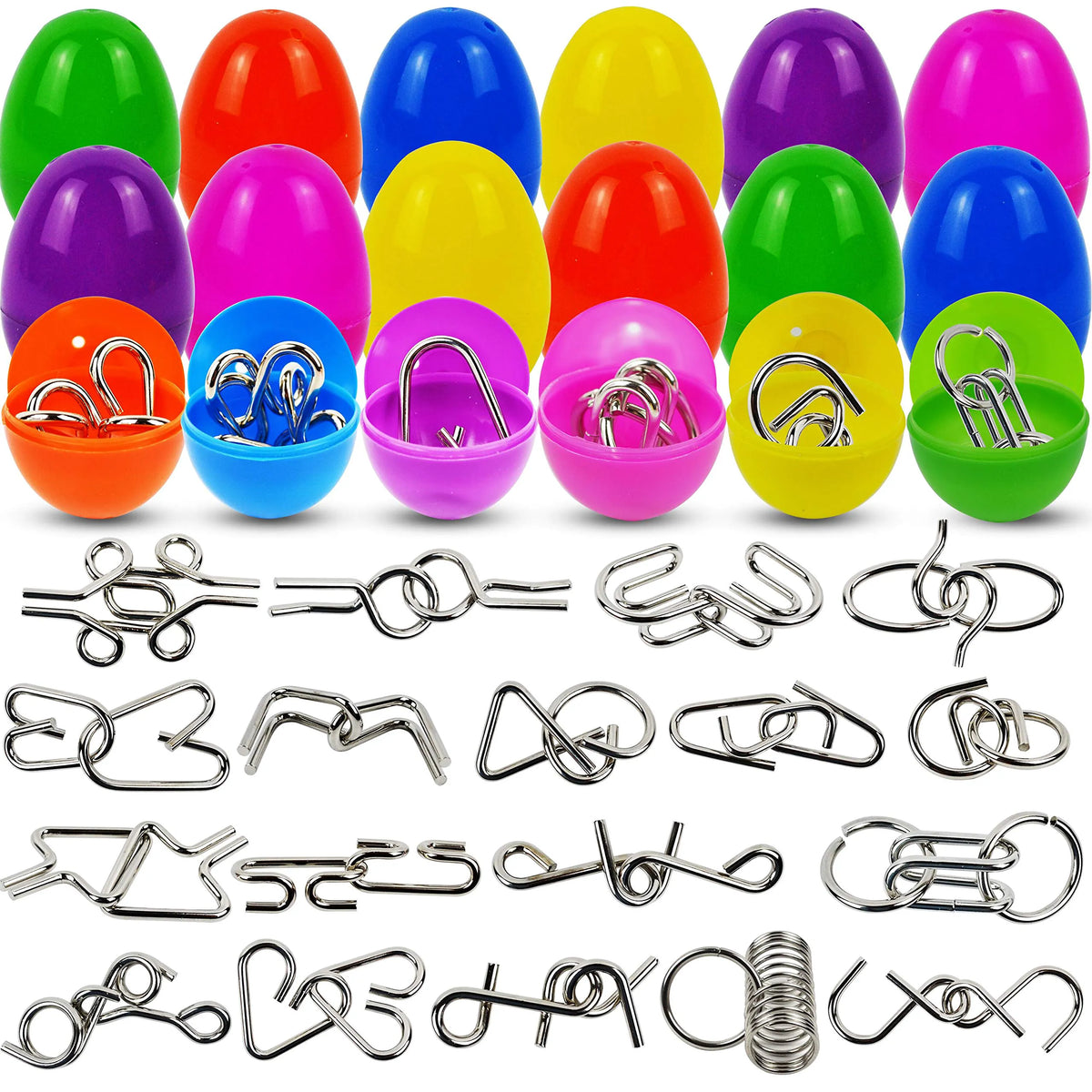 18 Pack Filled Easter Eggs with Metal Brain Teaser Puzzles for Egg Hunt, Party Favors & Classroom Prizes