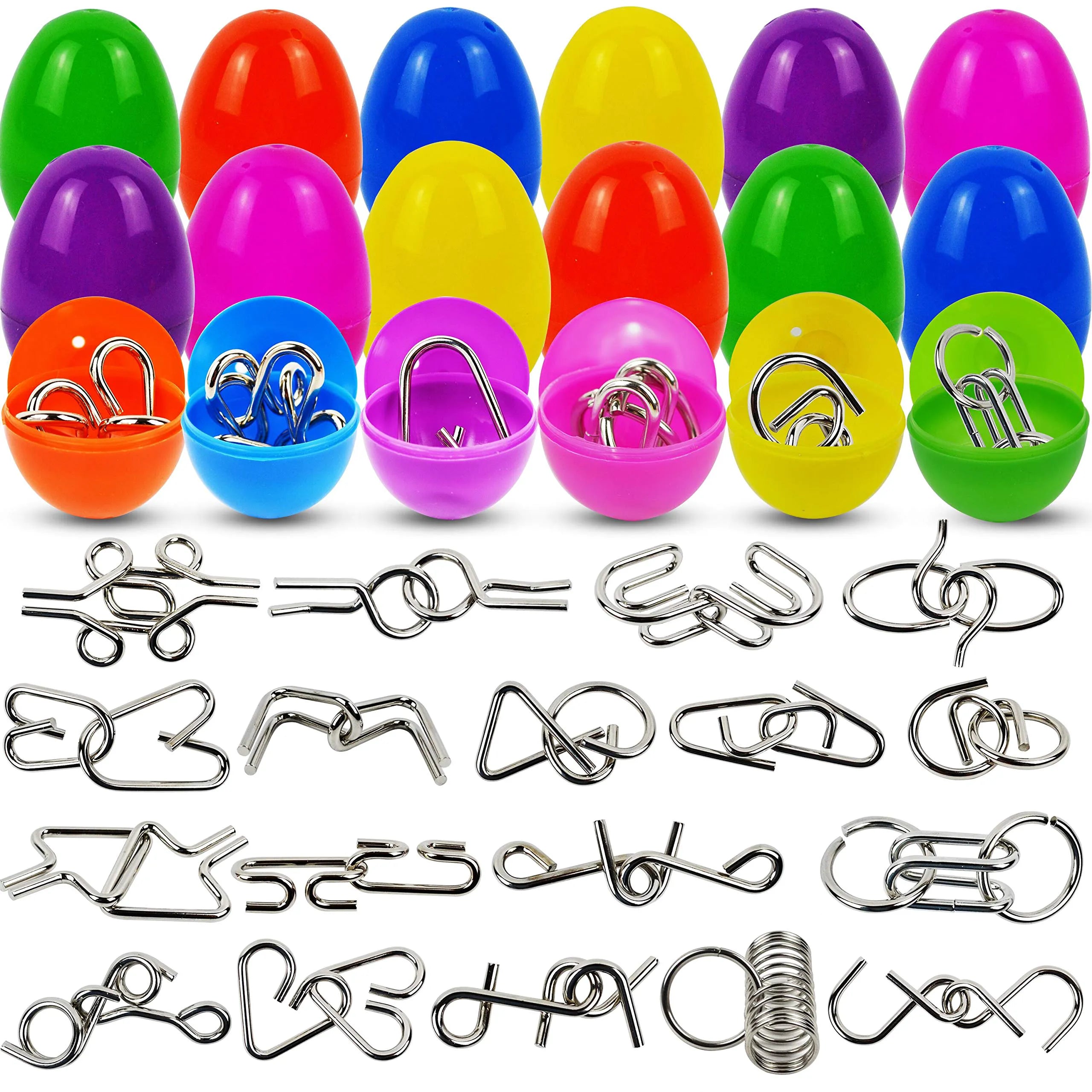 18 Pack Filled Easter Eggs with Metal Brain Teaser Puzzles for Egg Hunt, Party Favors & Classroom Prizes