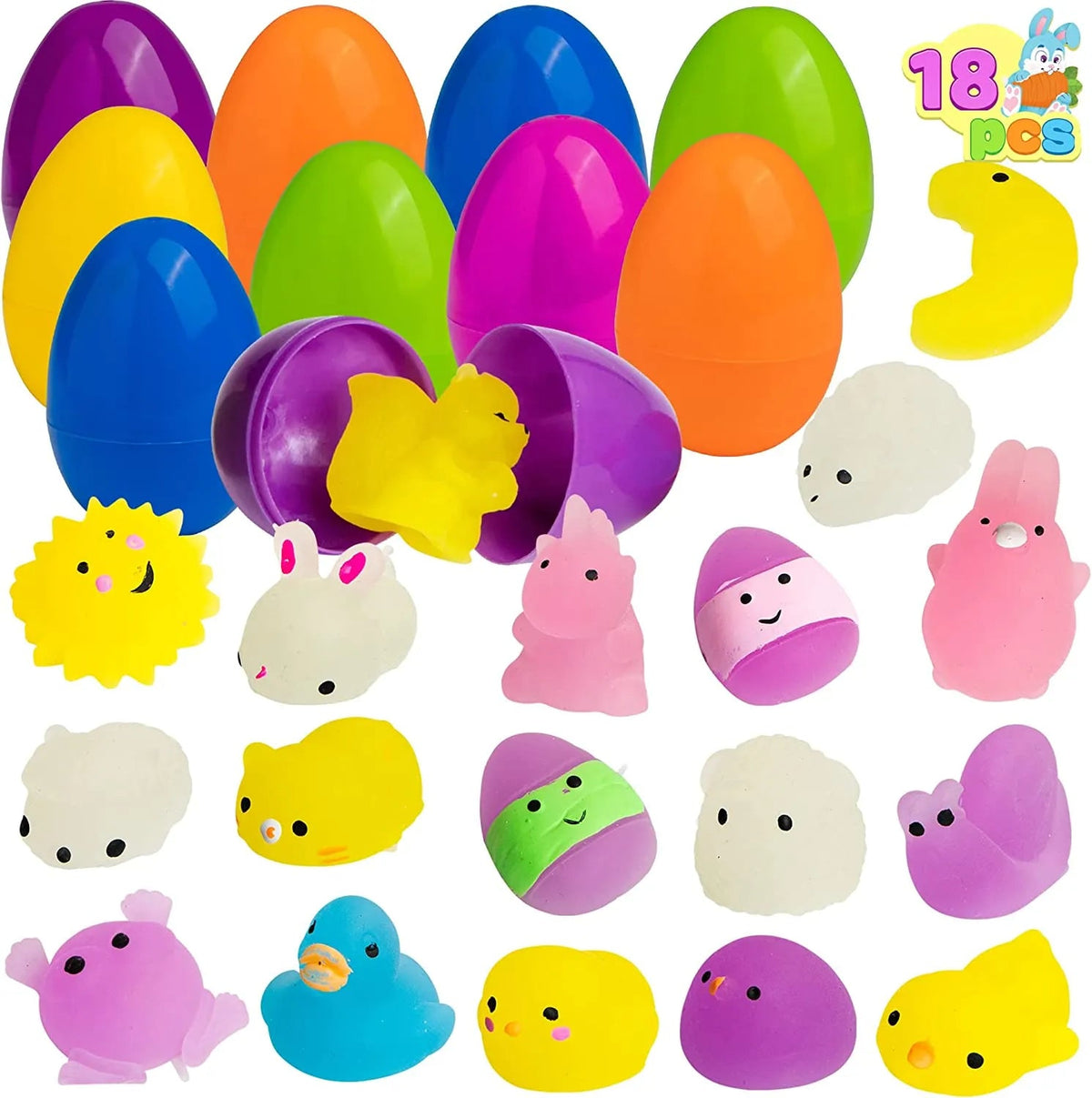 18 Glow-in-the-Dark Mochi Squishy Toys in Prefilled Easter Eggs for Egg Hunt