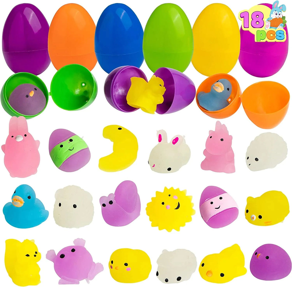 18 Glow-in-the-Dark Mochi Squishy Toys in Prefilled Easter Eggs for Egg Hunt