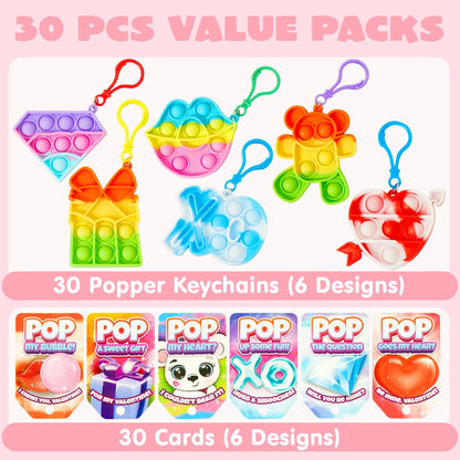 18Pcs Kids Valentine's Cards with Push Bubble Keychain Toy - Classroom Exchange Gifts