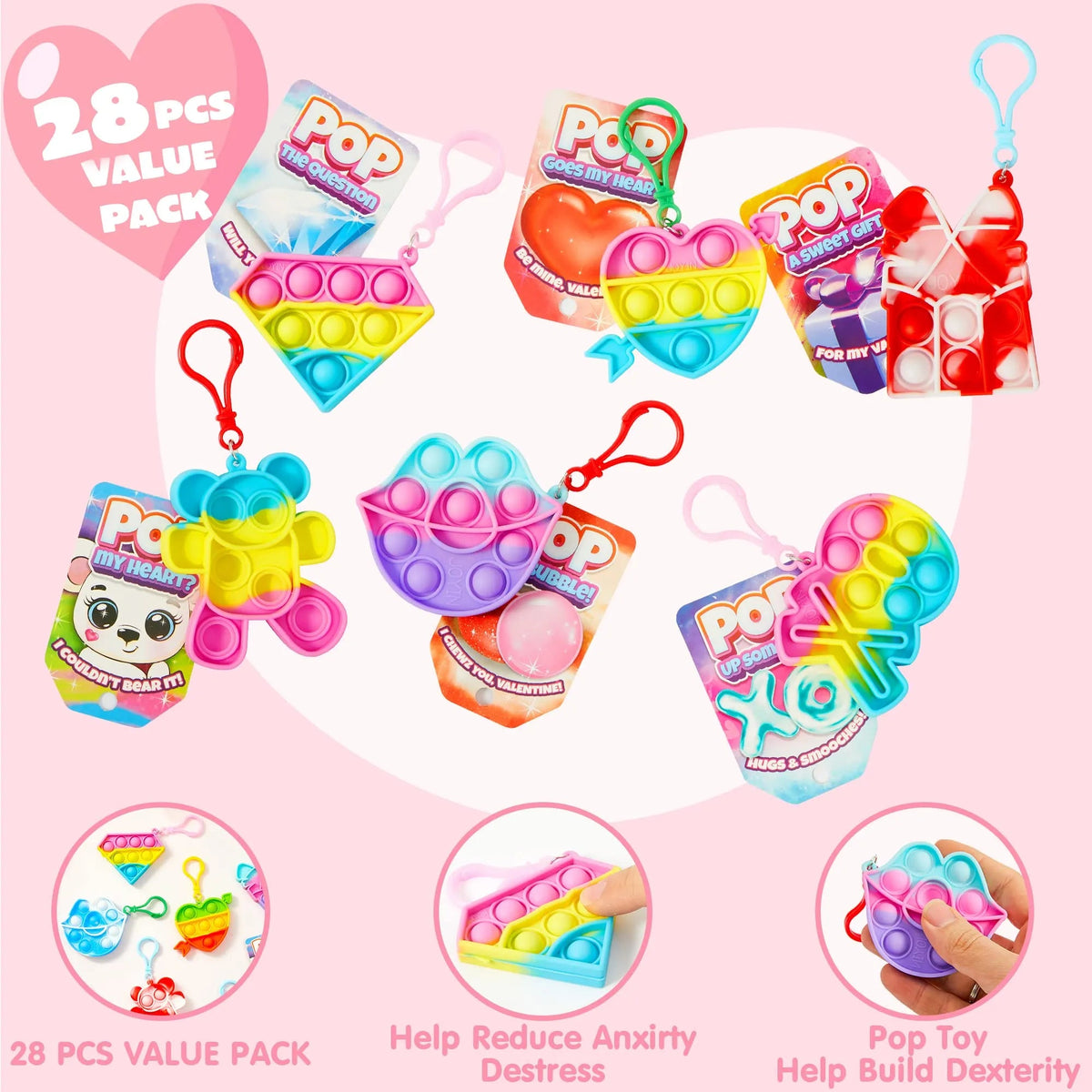 18Pcs Kids Valentine's Cards with Push Bubble Keychain Toy - Classroom Exchange Gifts