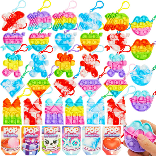 18Pcs Kids Valentine's Cards with Push Bubble Keychain Toy - Classroom Exchange Gifts