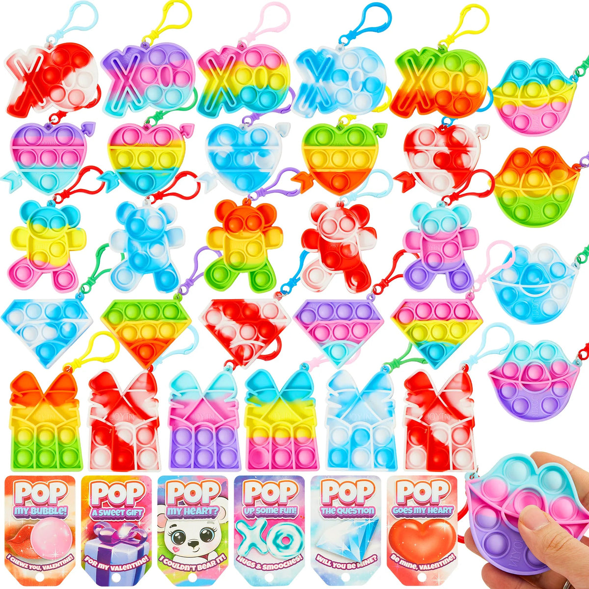 18Pcs Kids Valentine's Cards with Push Bubble Keychain Toy - Classroom Exchange Gifts