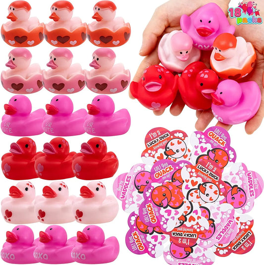 18Pcs Kids Valentine's Day Cards with Rubber Ducks - Classroom Exchange Gifts