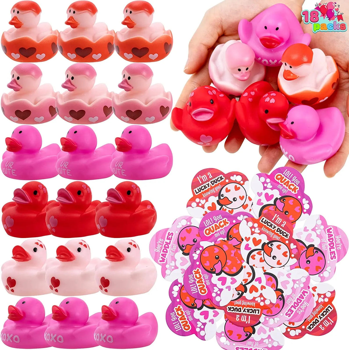 18Pcs Kids Valentine's Day Cards with Rubber Ducks - Classroom Exchange Gifts