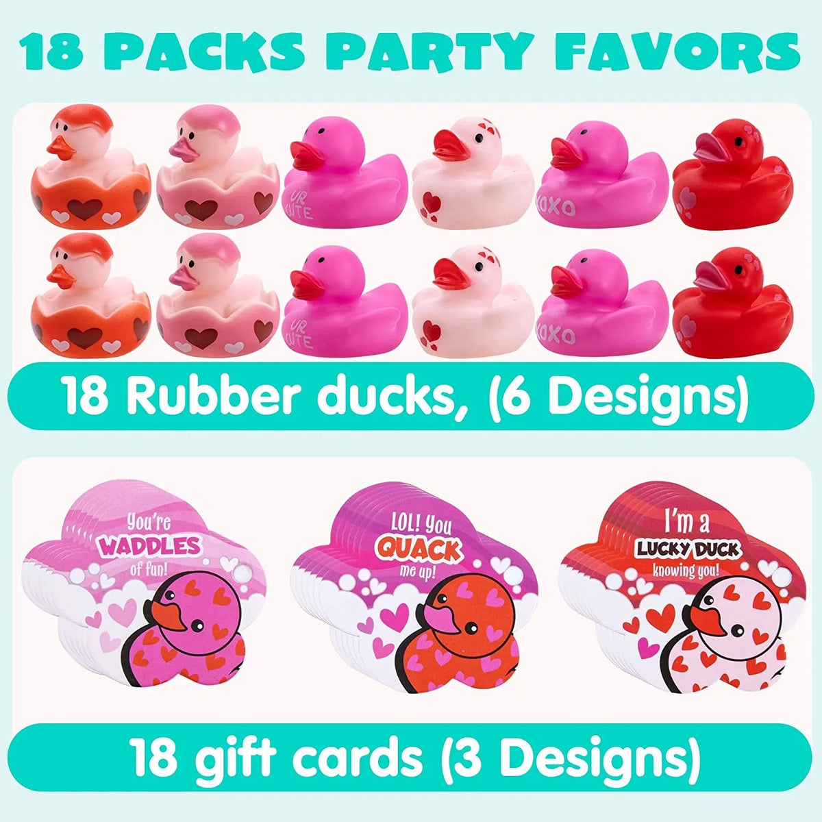 18Pcs Kids Valentine's Day Cards with Rubber Ducks - Classroom Exchange Gifts