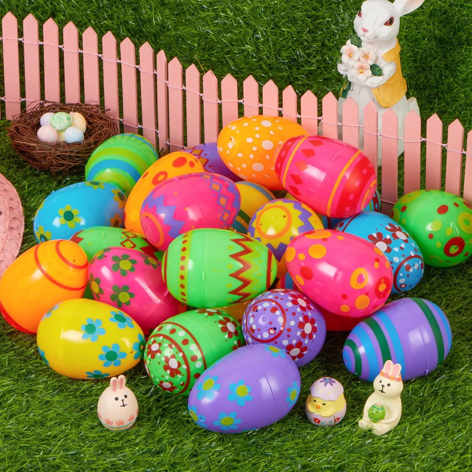 18 Pack 3.15-Inch Printed Plastic Empty Easter Eggs for Hunt & Party