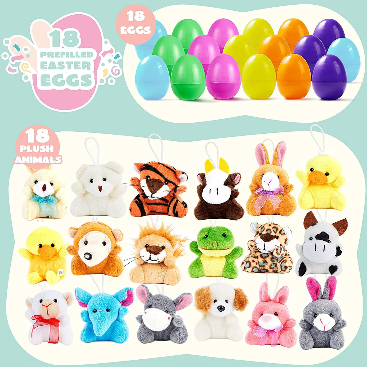 18-Pack Plush Animal Toys in Prefilled Easter Eggs (2.23 Inches)
