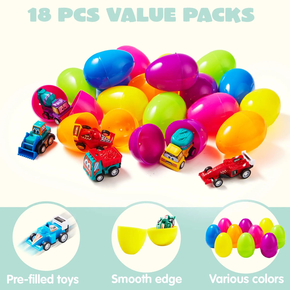 18 Pull Back Cars in Prefilled Easter Eggs (3-Pack)