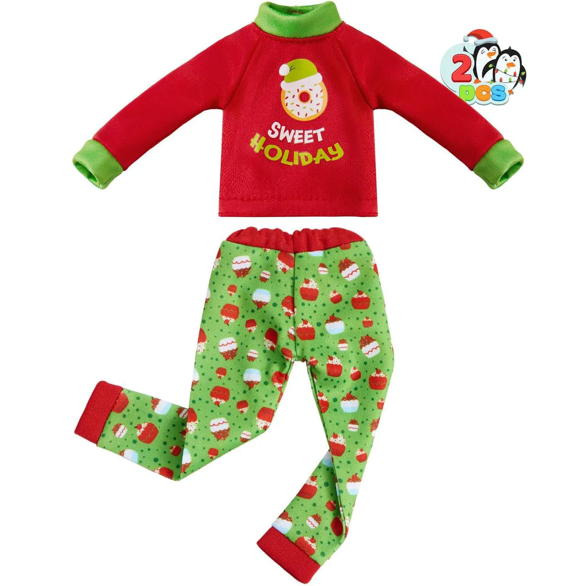2 Pack Santa Ugly Sweaters for Dolls - Cupcakes and Donuts Themed Naughty Pajamas