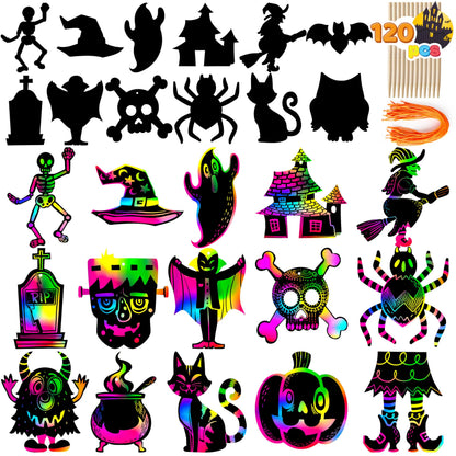 120-Pack Halloween Rainbow Scratch Art Craft Kit for Kids