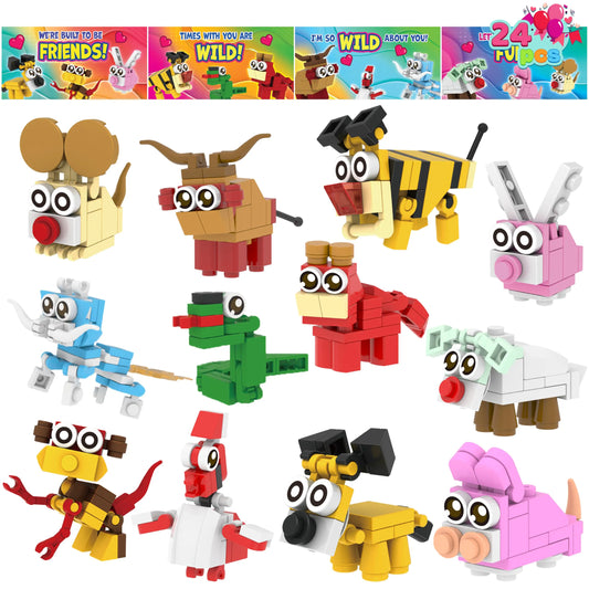 24 Pack Valentine's Day Gift Cards with Animal Building Blocks for Party Favors