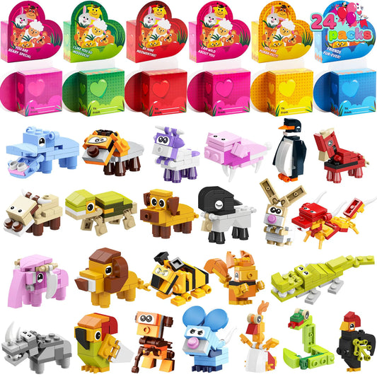 Animal Building Blocks Valentine's Heart Boxes Filled with Cards for Kids